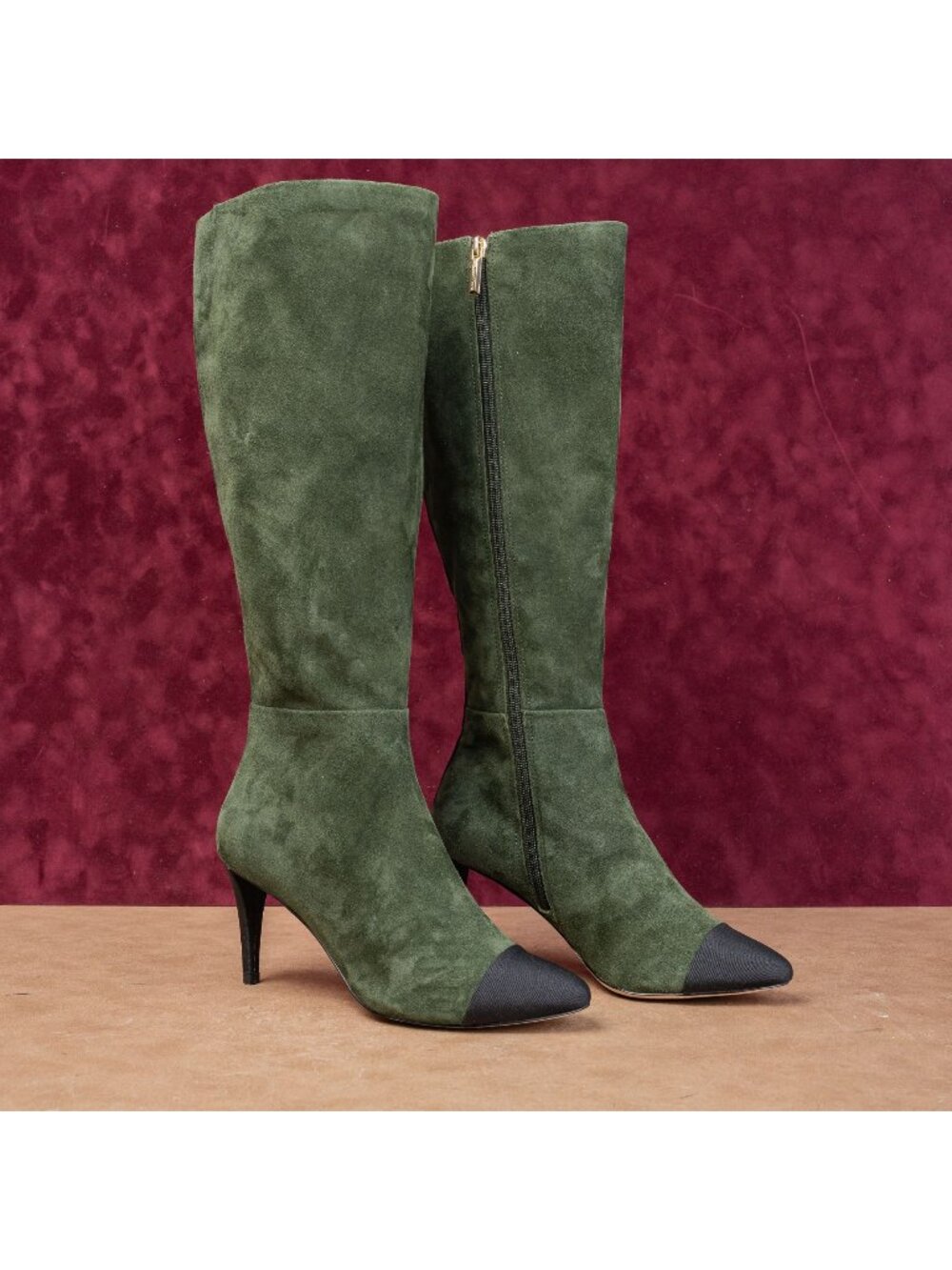 Karl Lagerfeld Paris Wmn Mar Green Black Suede Fashion Pointy Boots 7US EUR37.5